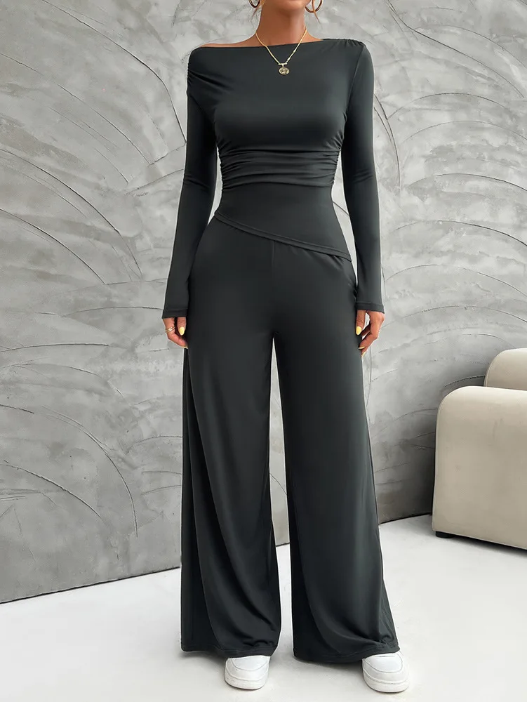 FTLZZ Autumn Winter Women Two Piece Sets Solid Slim Tops and Wide-leg Trousers Casual Lady Suits