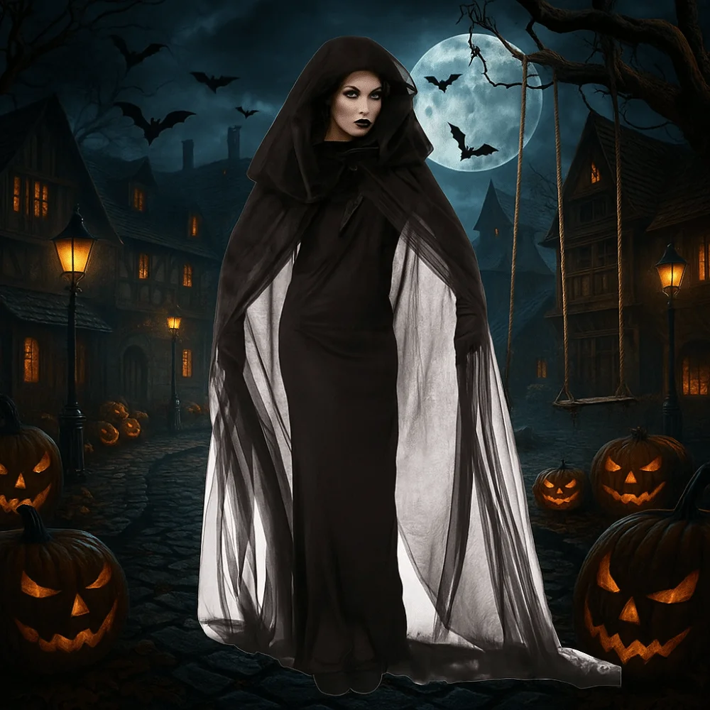 

Fashion Transparent Mesh Ghost Cloak Lace Up Dress Up Women Halloween Costume Cosplay Accessories Hooded Cloak Party