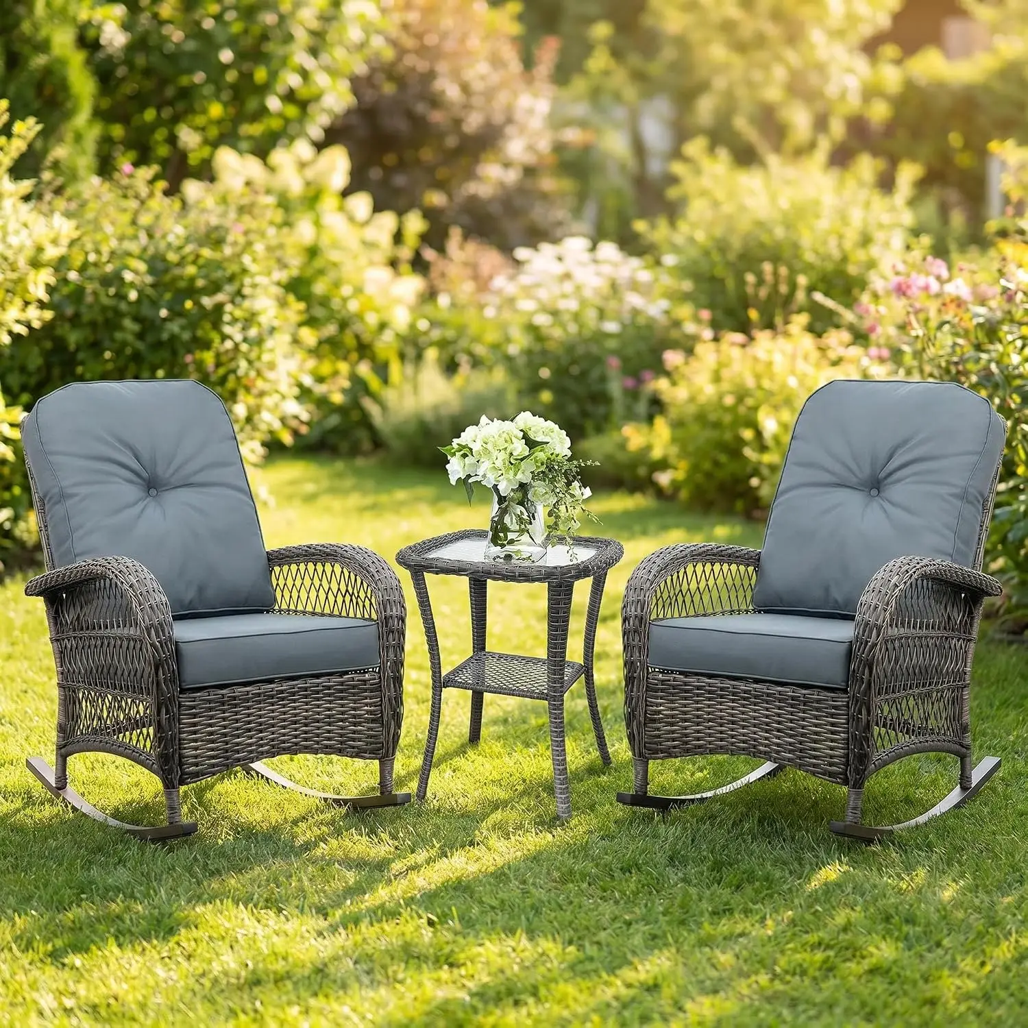 Wicker Rocking Bistro Set with Side Table, Wide Armrest & Cushion, All-Weather Furniture for Garden Poolside Balcony, Customized