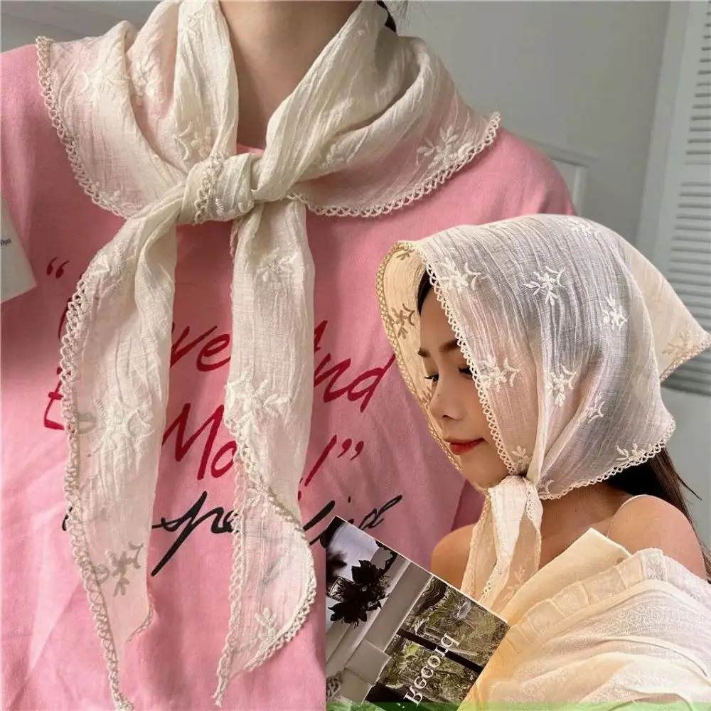 2024 INS Lace Hair Scarf Women Retro Triangle Hair Band Travel Photo Headband Sunscreen Headscarf Girls Linen Cotton Neckerchief