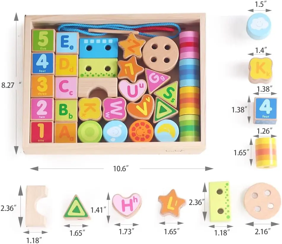 Blocs de construction à filetage de chiffres et de lettres, 33 pièces, avec boîte de rangement en bois, entraînement de la motricité fine pour 3 à 6 ans