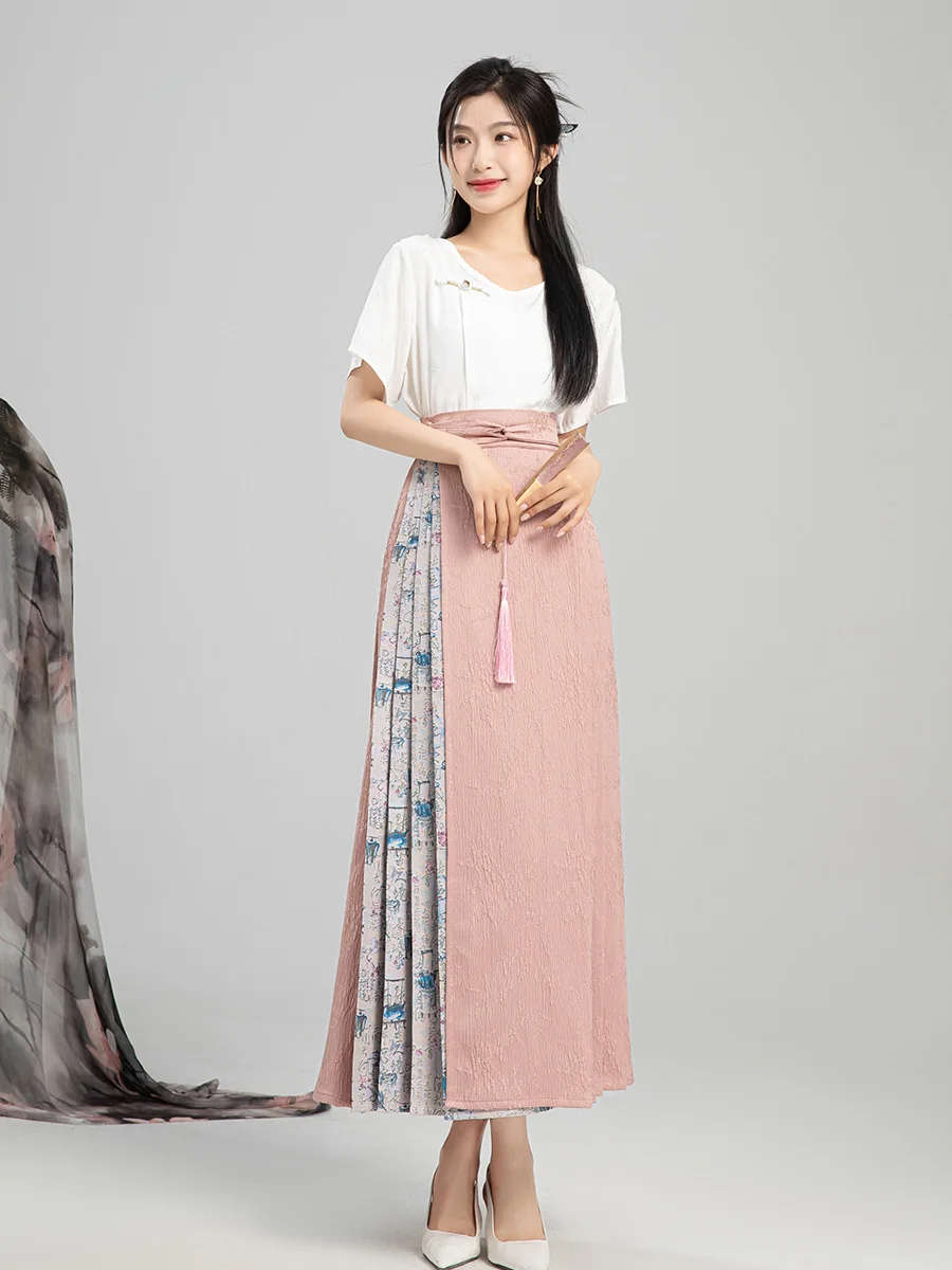 

Linxi Tang Original New Chinese Sle Patchwork Color Long T Top round Ne ort Sve T-irt with Face Skirt