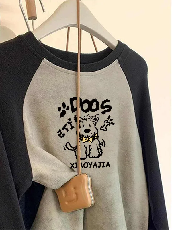 Happy Little Dog Stampa oulder Sve round Ne Felpa da donna Primavera Autunno 2025 Nuovo ular Colore Blo Hatl Lungo...