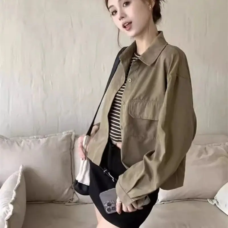 

Khaki Colored Shirt for Women in Spring Autumn 2024 New Style for Vintage Casual Outerwear Long Sleeved Shirt Short Jacket Trend