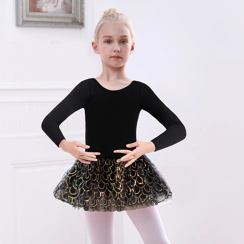 الفتيات الباليه الرقص ثلاث طبقات توتو يوتار لفتاة الجمباز الرقص مع الكلاسيكية طويلة الأكمام سباركلي الترتر فستان رقص