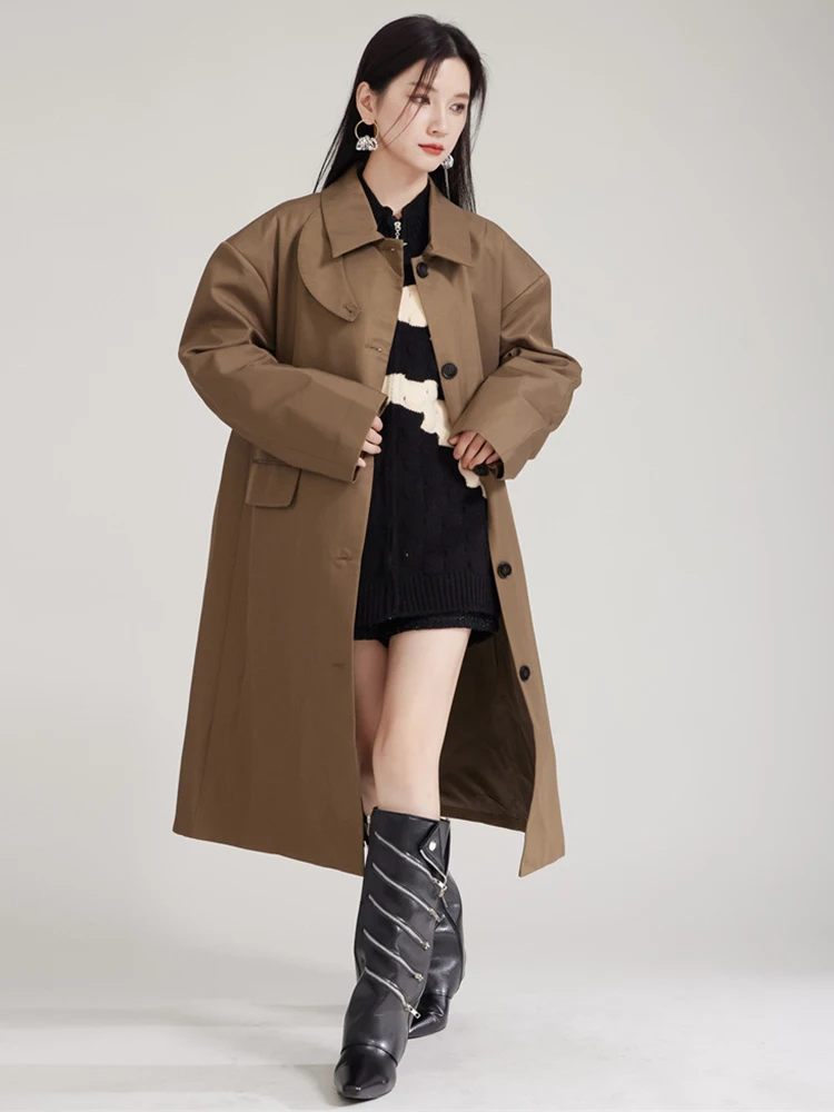 [EAM] Women Brown Striped Color-block Big Size Long Trench New Lapel Long Sleeve Windbreaker Fashion Spring Autumn 2024  1DH8029