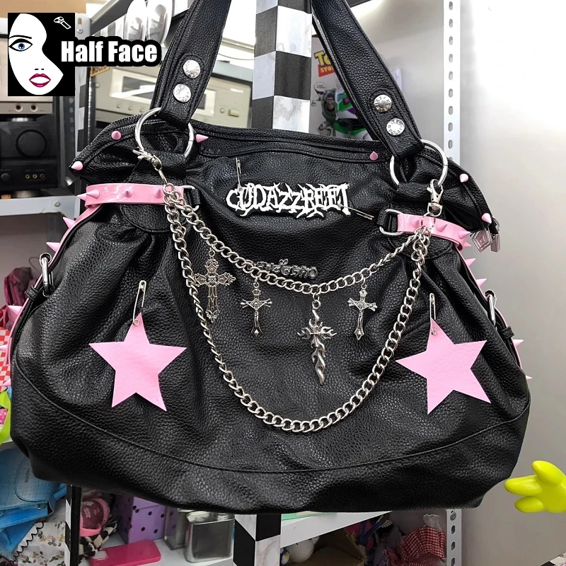 Y2K Girls Harajuku Gothic Underarm Handbag Rivet High Capacity Bag Street Lolita Star Chain One Shoulder Punk Women’s Bags Tote