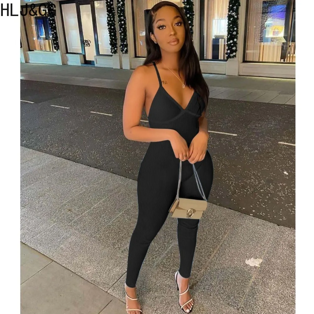 

HLJ&GG Fashion Solid Ribber Backless Suspenders Jumpsuits Women Deep V Thin Strap Bodycon Playsuits Female Sporty Slim Overalls