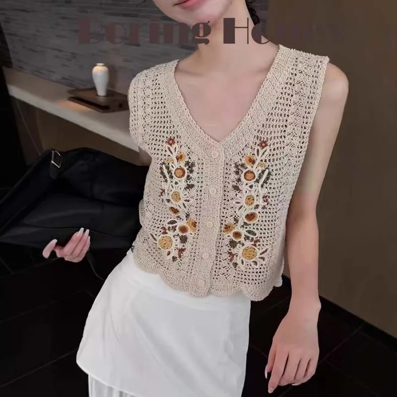 

Boring Honey New Ethnic Hollow Out Crochet Lace Embroidery V-Neck Vest Women Summer Casual Short Sleeveless Top Tank Tops