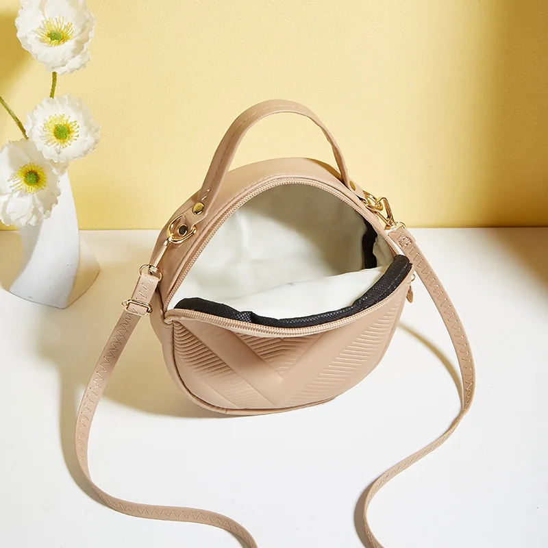 Solid Color Handheld Ladies Bags Small Round Bag 2024 New Fashion Versatile V-Pattern Diagonal Straddle Small Fresh Shoulder Bag