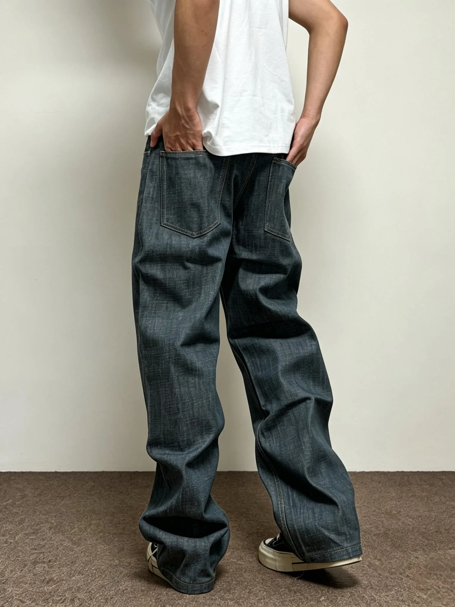 American Street Style Five-Button Loose Fit Neutral Men's Jeans Hard And Stiff Silhouette Wide Leg Casual Blue Denim Jeans