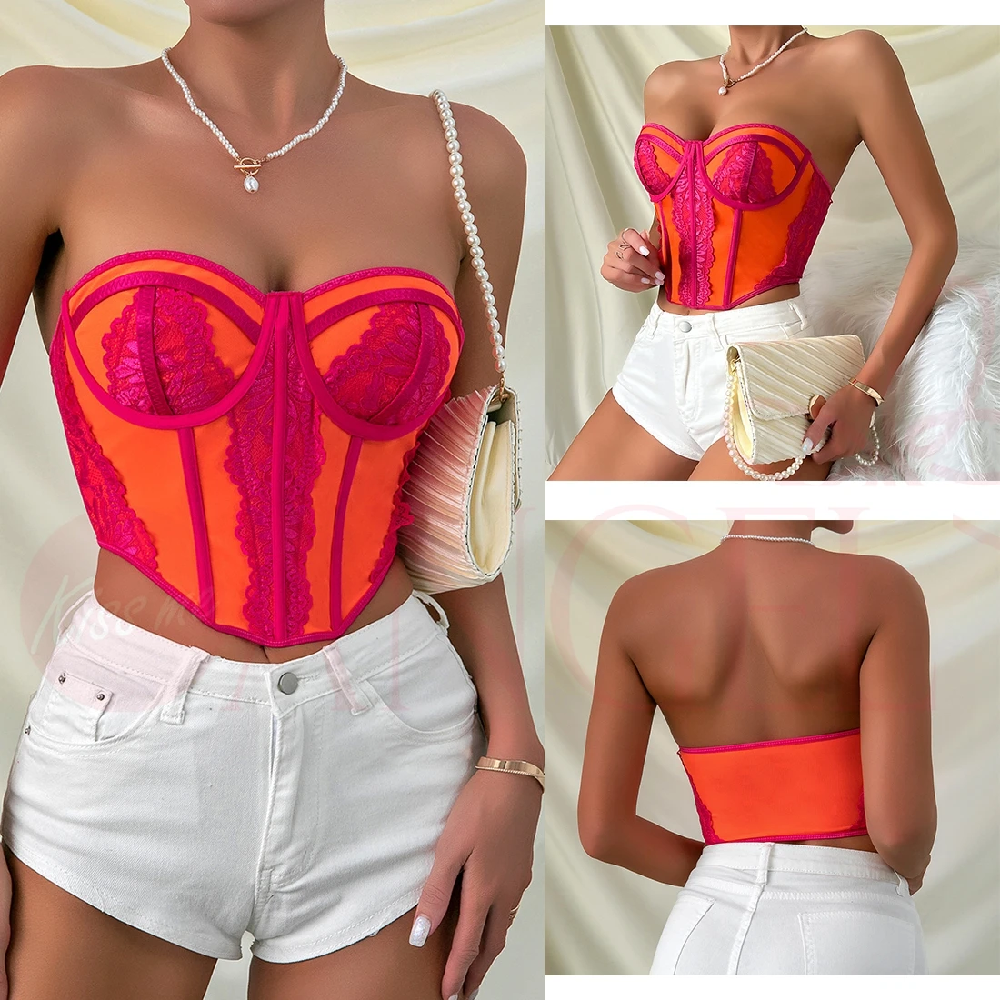 KISS ME ANGEL Lingerie donna Sexy taglio basso colore misto cuciture sul petto pizzo ferretto Fishbone Top ricamo biancheria intima a rete