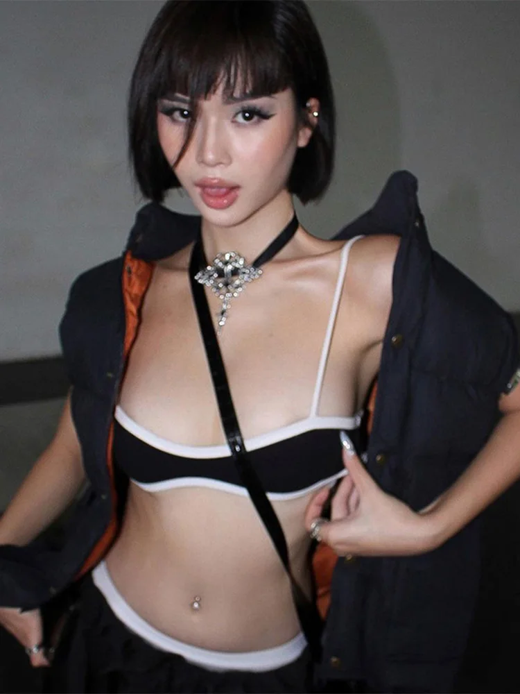 Black crop top printed sleeveless ultra short casual vest 2025 new Y2K aesthetic fairy Grager Gothic sweet cute 90s Egirl vest
