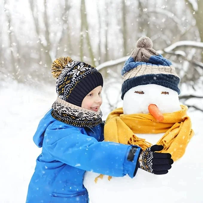 Children's Warm Knit Hat, Scarf, and Gloves Snowflake Three-Piece Set with Cartoon Car Pattern Hat Bundle