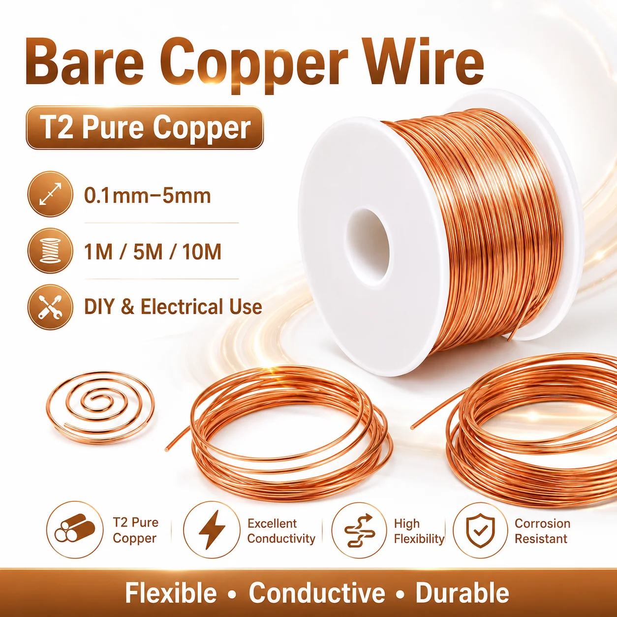 Bare Copper wire 1/3roll T2 Copper Wire (0.1mm-5mm) Bare Copper Wire Conductive Electrical for Gardening Jewelry Making DIY Art