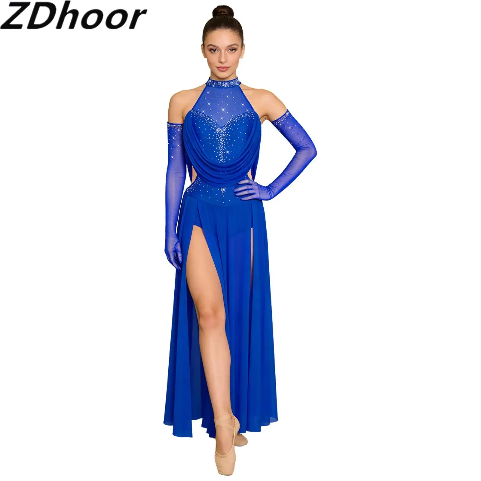 

Women Lyrical Dance Costume Halter Sleeveless Sparkly Rhinestones Backless Maxi Dress Crotch Press Buttons Briefs with Gloves