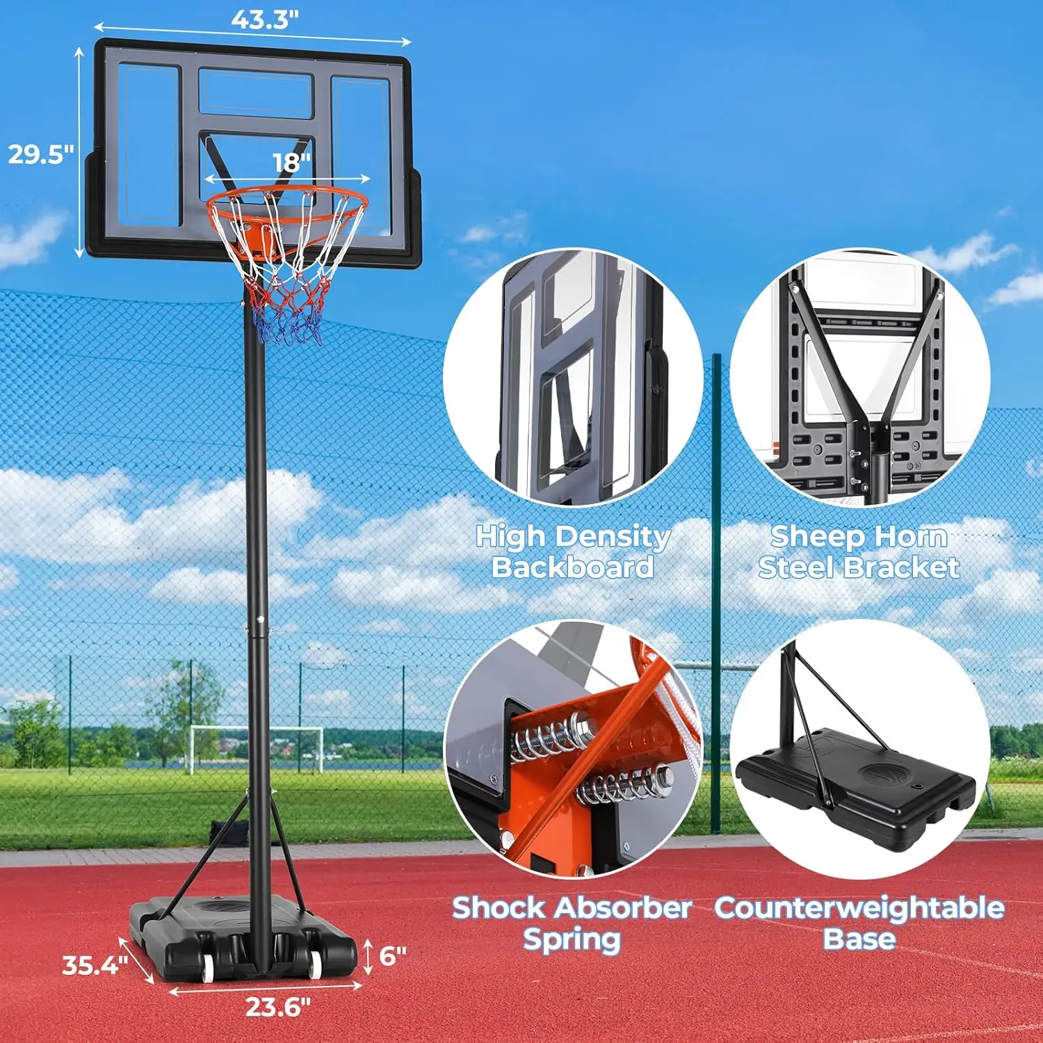 XMSJ 4,4-10ft in hoogte verstelbare basketbalring buiten, draagbaar basketbaldoel, 44 inch onbreekbaar bord, invulbare basis