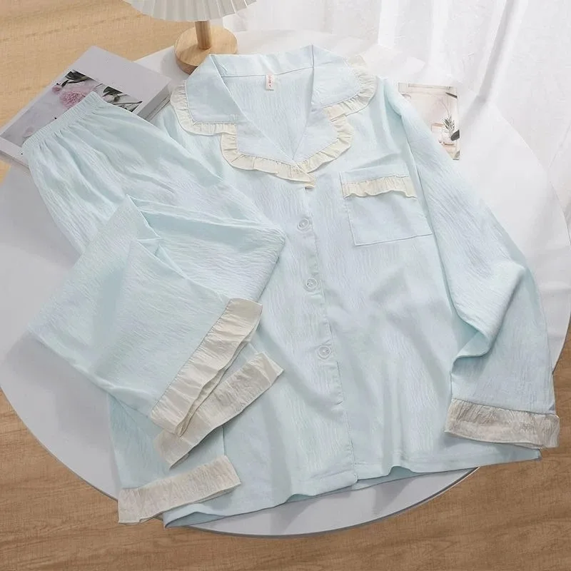 

Korean Solid Soft Casual Simple Women's Pajamas Set Sweet Lapel Neck Lace Fashion Pajamas Spring Summer New 2026 Sleepwear Woman