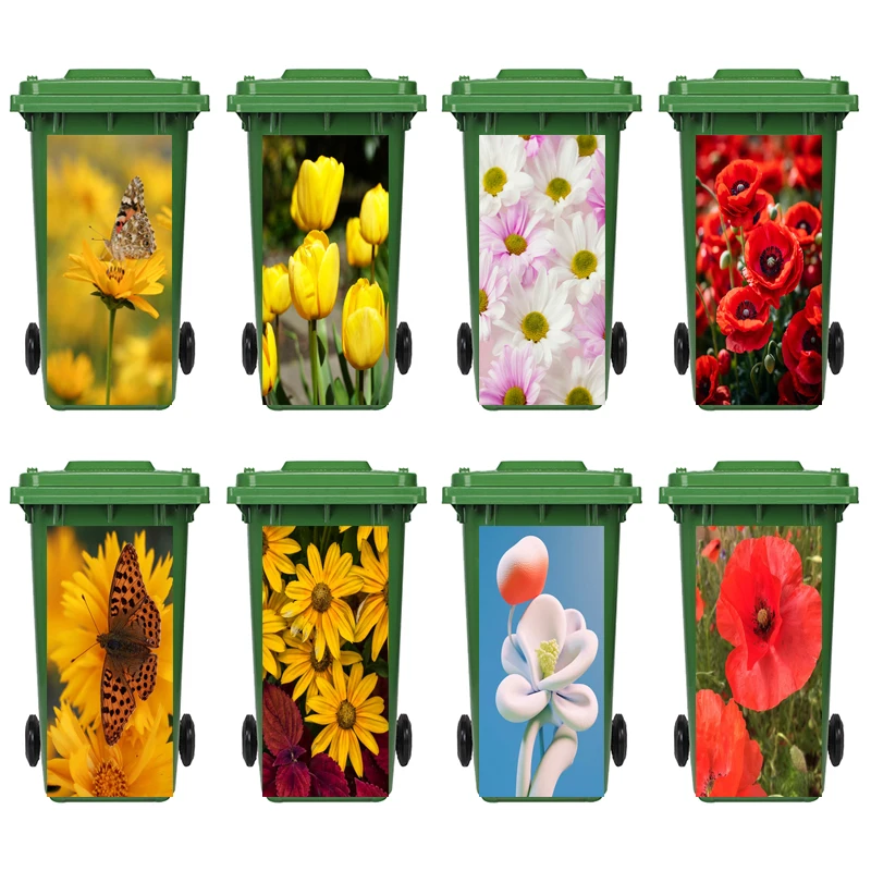 

Yellow Flowers Wheelie Bin Stickers Butterfly Vinyl Waterproof Kitchen Trash Can Decals for Outdoor Dustbin Decoration Sticker