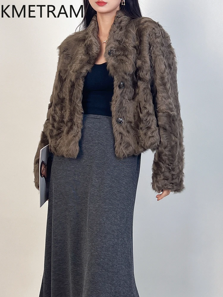 ขนสัตว์ธรรมชาติ Sheepskin Double Faced เสื้อขนสัตว์ผู้หญิง STAND COLLAR ขนสัตว์จริงฤดูหนาวเสื้อผ้าสั้น Furry แจ็คเก็ต 2025 Fourrure