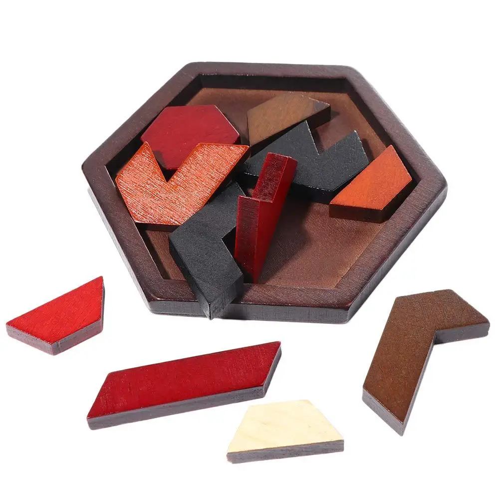 Juego de rompecabezas, juguetes educativos Hexagonal de madera, tablero Tangram, rompecabezas IQ