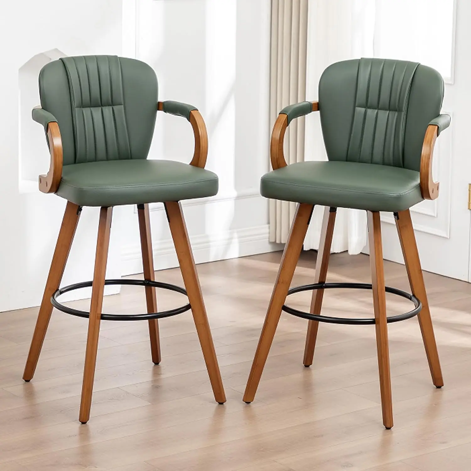 

26" Swivel Counter Height Bar Stools with Back, Green Faux Leather Kitchen Island Bar Chairs with Arms,Spliced Pleated Wingback