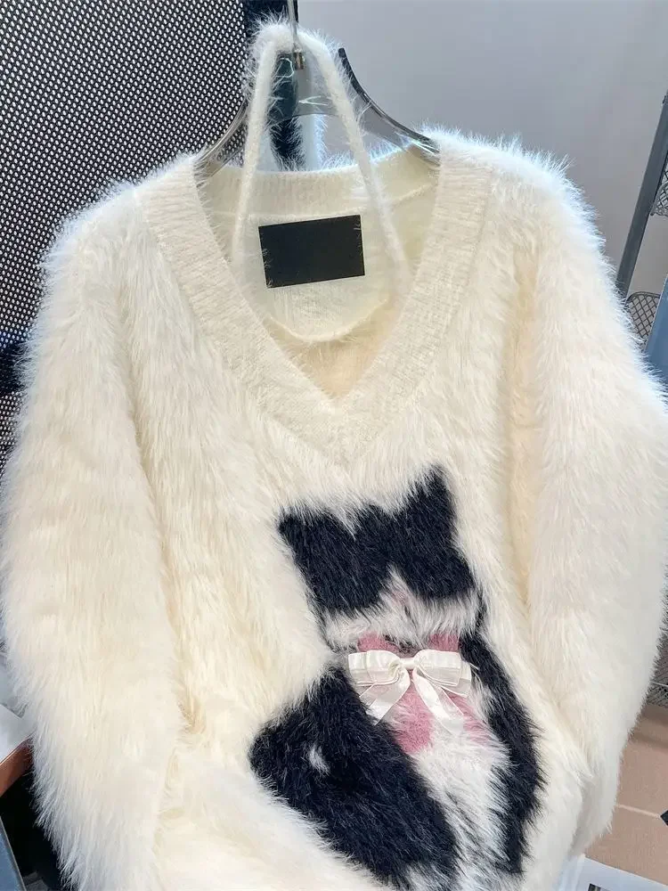 

Cat Embroidery Soft Mink Sweater 2 Pieces Sets Women Autumn Winter New Lazy Bow Knitwear Knit Pullover Tops Long Sleeve Coats