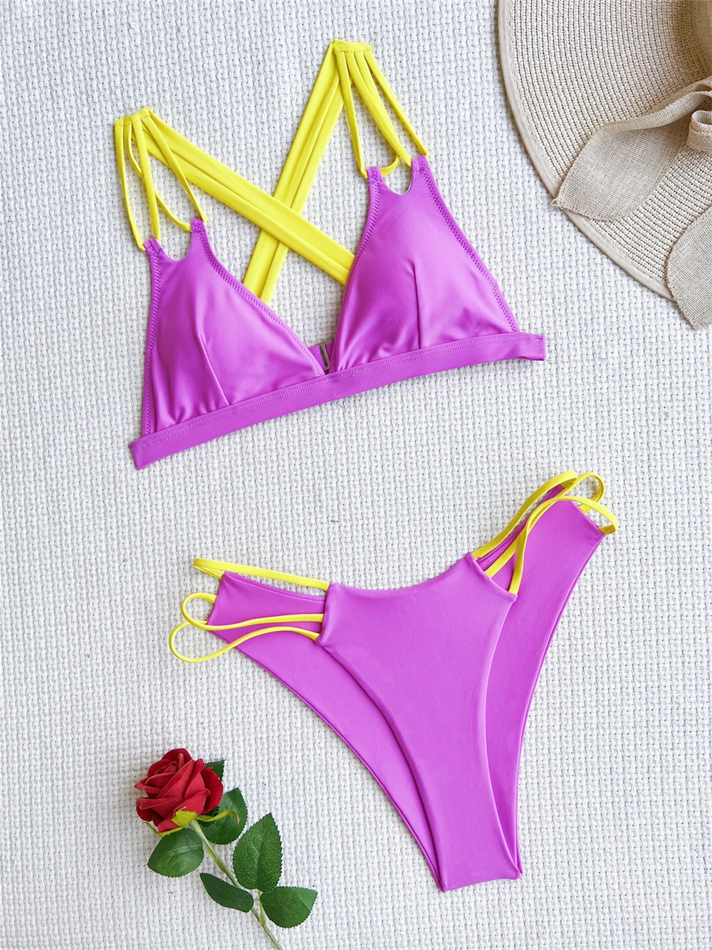 

Purple Bikini Cross Bandage Yellow String Extreme Swimsuit Push Up Y2K Vacation Swimwears Thongs Women Beach Outfit Bathing Suit