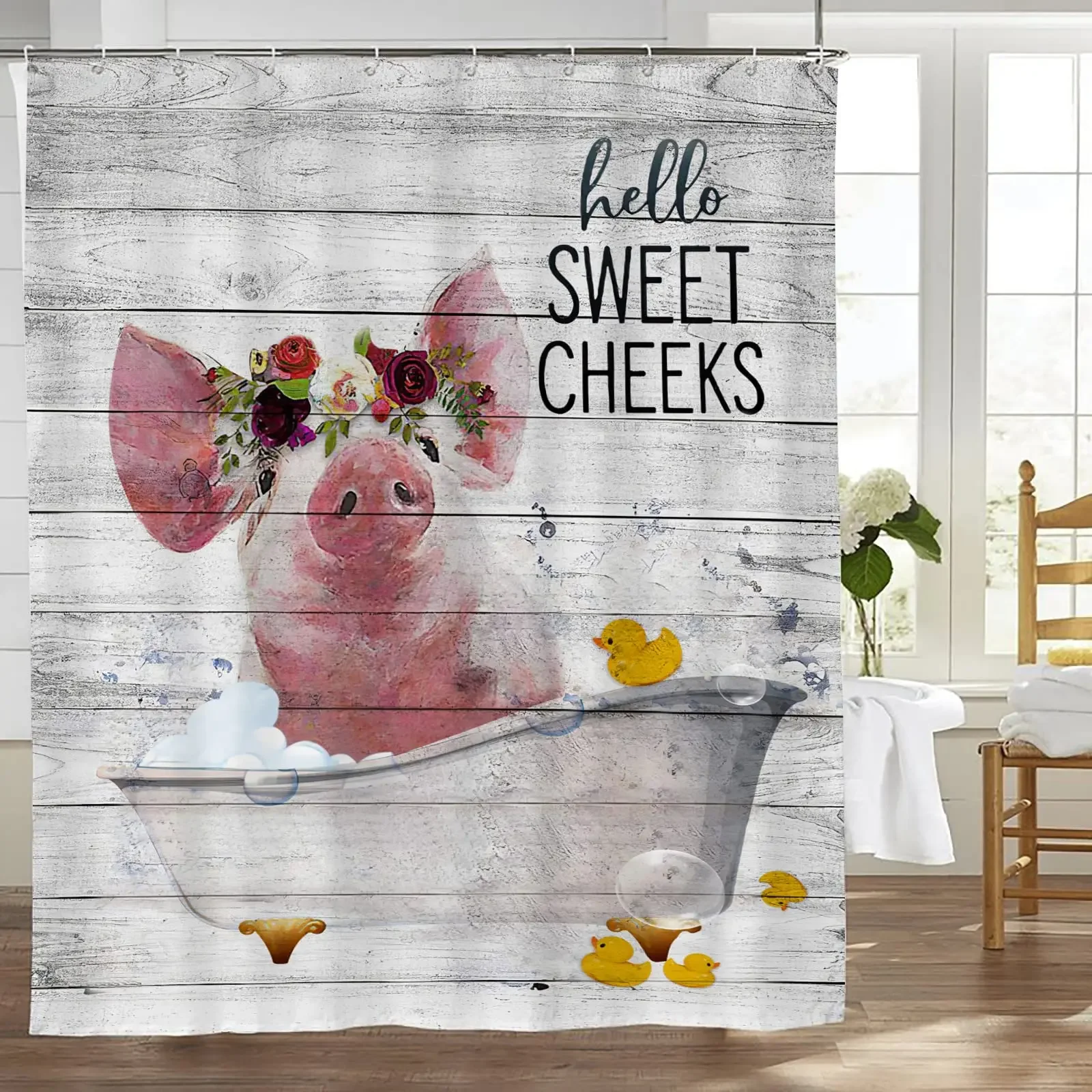 Funny Farm Pig Shower Curtain Cute Pinkish Pig Is Taking Bath Farmhouse Bathroom Decor Kids Cartoon Shower Curtains with Hooks