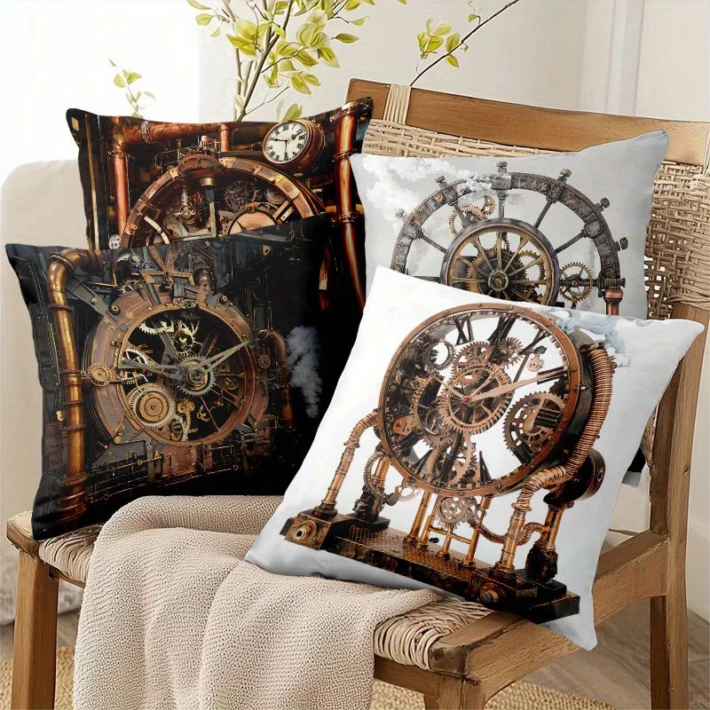 Vintage Industrial Style Pillow Covers, Complex Steampunk Clock & Gear Print Cushion Cases, Cozy Home Decor Bedroom Living Room