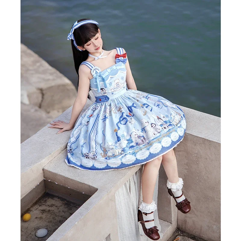 SOIOMES【Jasmine Manor】펭귄 네이비 블루와 화이트 뉴 로리타 공주 드레스 로리타 보우 오리지널 드레스에는 페티코트가 필요합니다