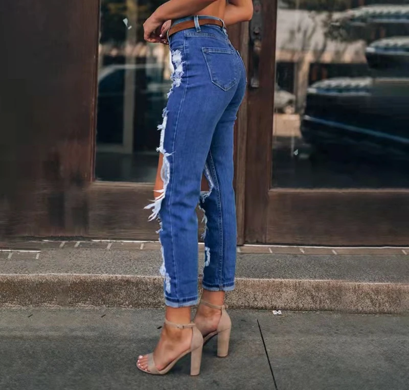 2023 New High Waist Hip Lift Loose Straight Hole Denim Trousers Ladies Jeans Women's Clothing