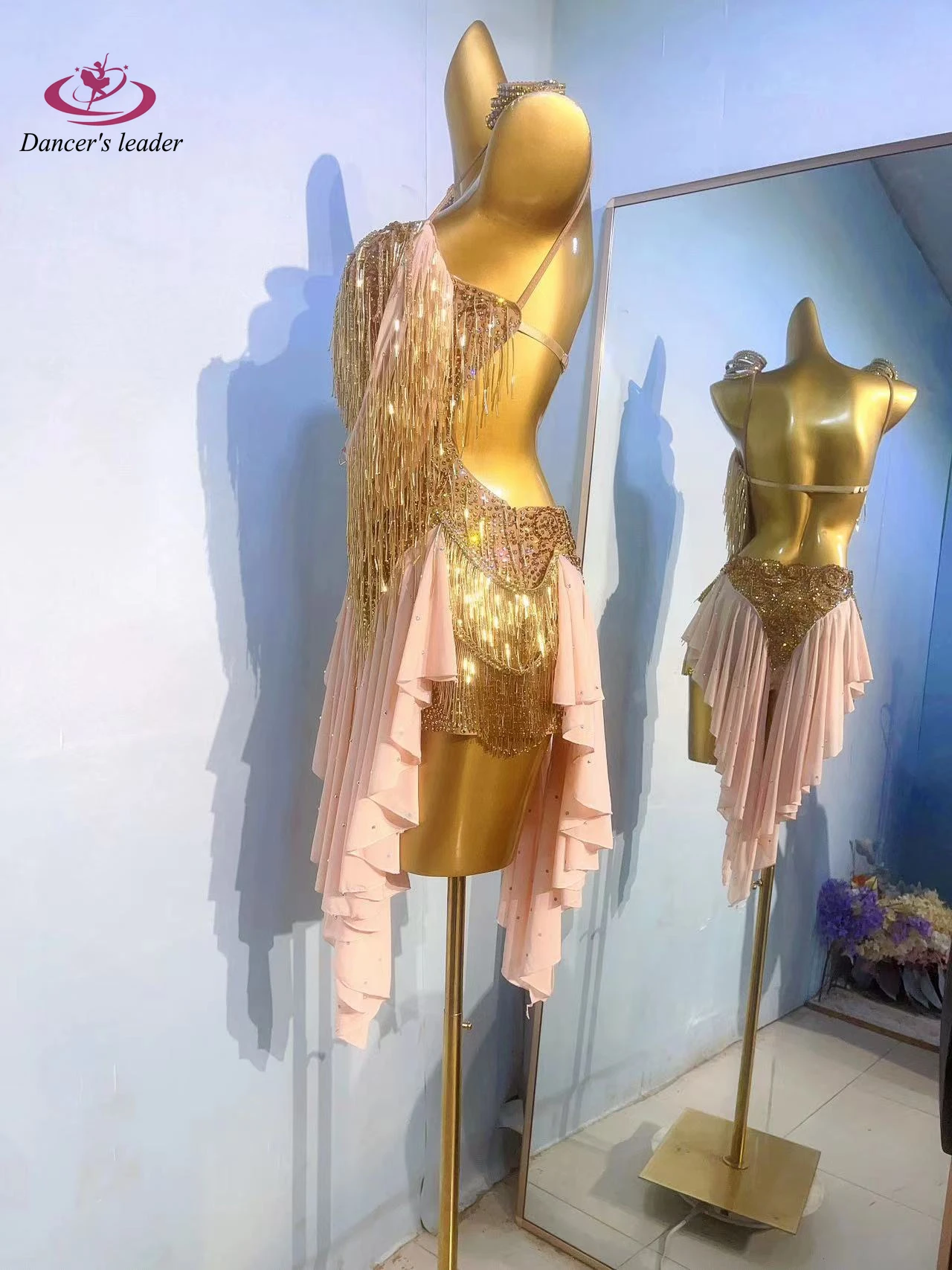 Latin danswedstrijd dames high-end op maat gemaakte gouden kraal buis plooirok Samba prestaties strass kledingjurk