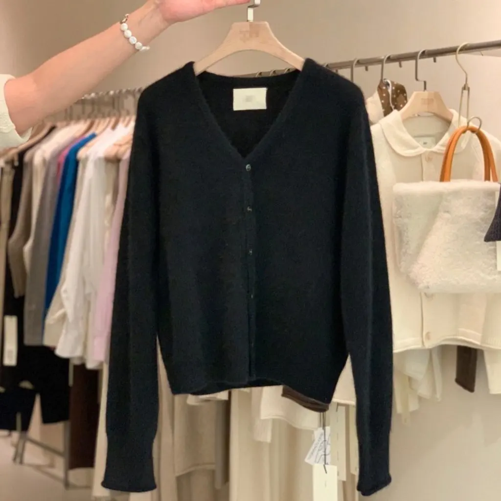 Cárdigan 100% de lana para mujer, suéter corto de manga larga con cuello en V, ropa exterior de punto holgada fina de estilo coreano