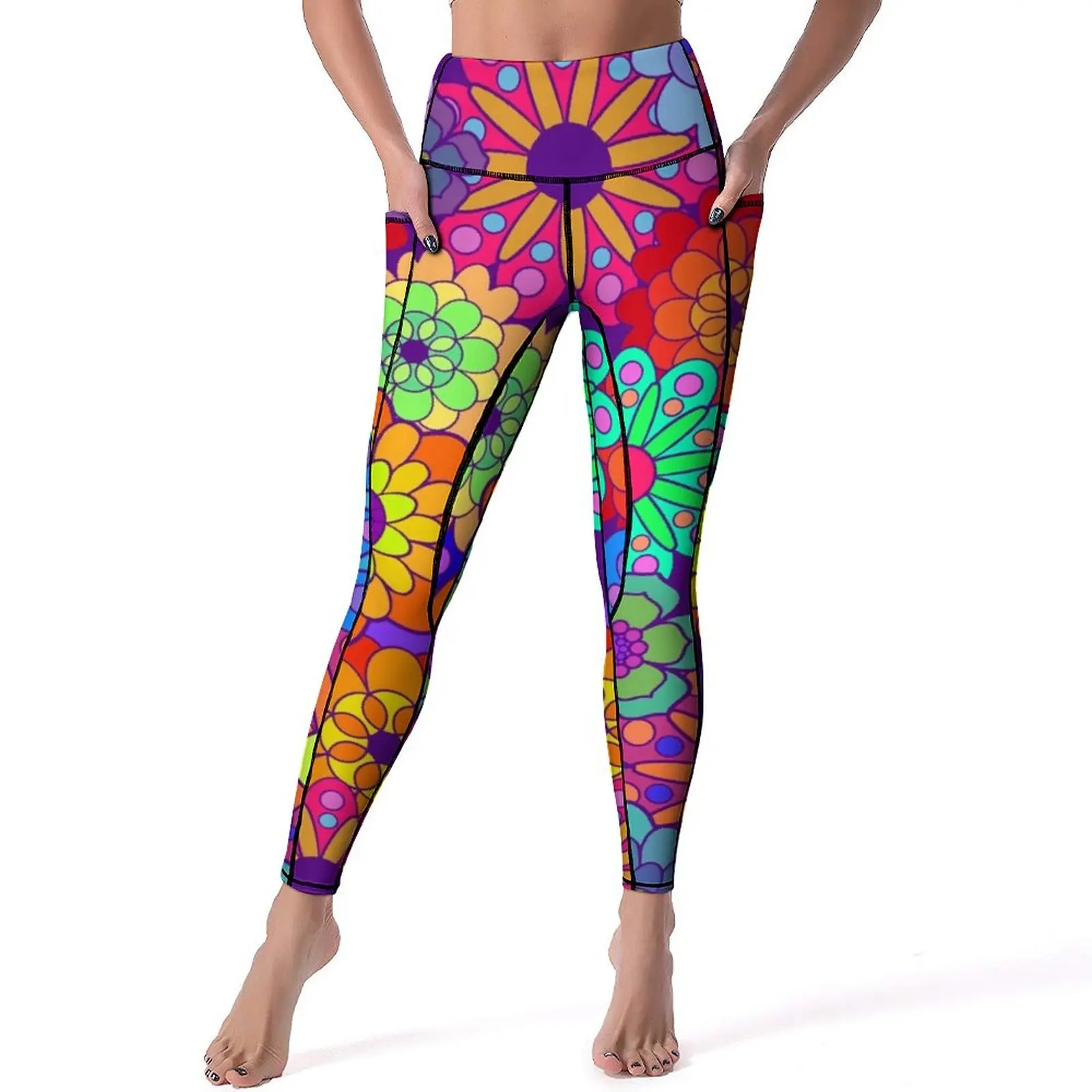 

Colorful Bright Flowers Yoga Pants Retro Hippy Flower Leggings Sexy Push Up Yoga Sports Tights Elastic Print Fitness Gym Leggins