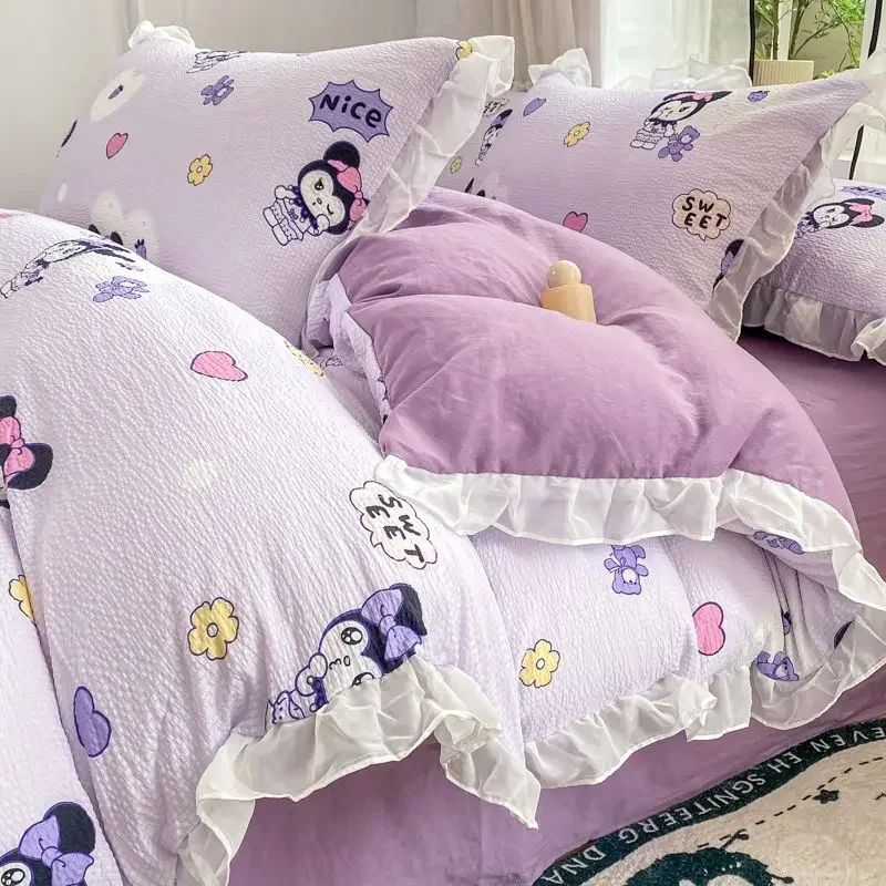 Sweet Kawaii Sanrio Anime Kuromi Pillow Quilt Cover Sheet Set Girl Heart Cute 3 4-piece Washed Cotton Bed Decoration Gifts