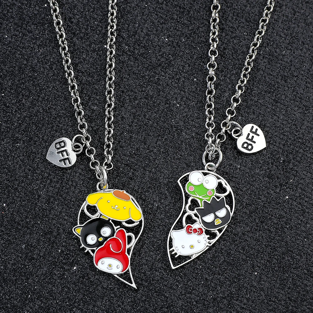 2pcs Hello Kitty BFF Necklace Anime Accessories Kawaii Sanrio Family Pendant Cartoon Heart Pendant Best Friend Jewelry Set