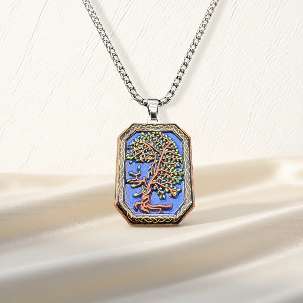 Vintage Enamel Octagonal Tree Pendant Necklace, Plant Relief Tag Clavicle Chain, Retro Fashion Jewelry Gift for Men & Women