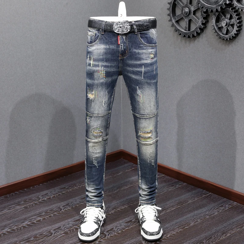 

Street Fashion Men Jeans Retro Dark Blue Stretch Slim Fit Spliced Ripped Jeans Men Embroidery Designer Hip Hop Vintage Pants