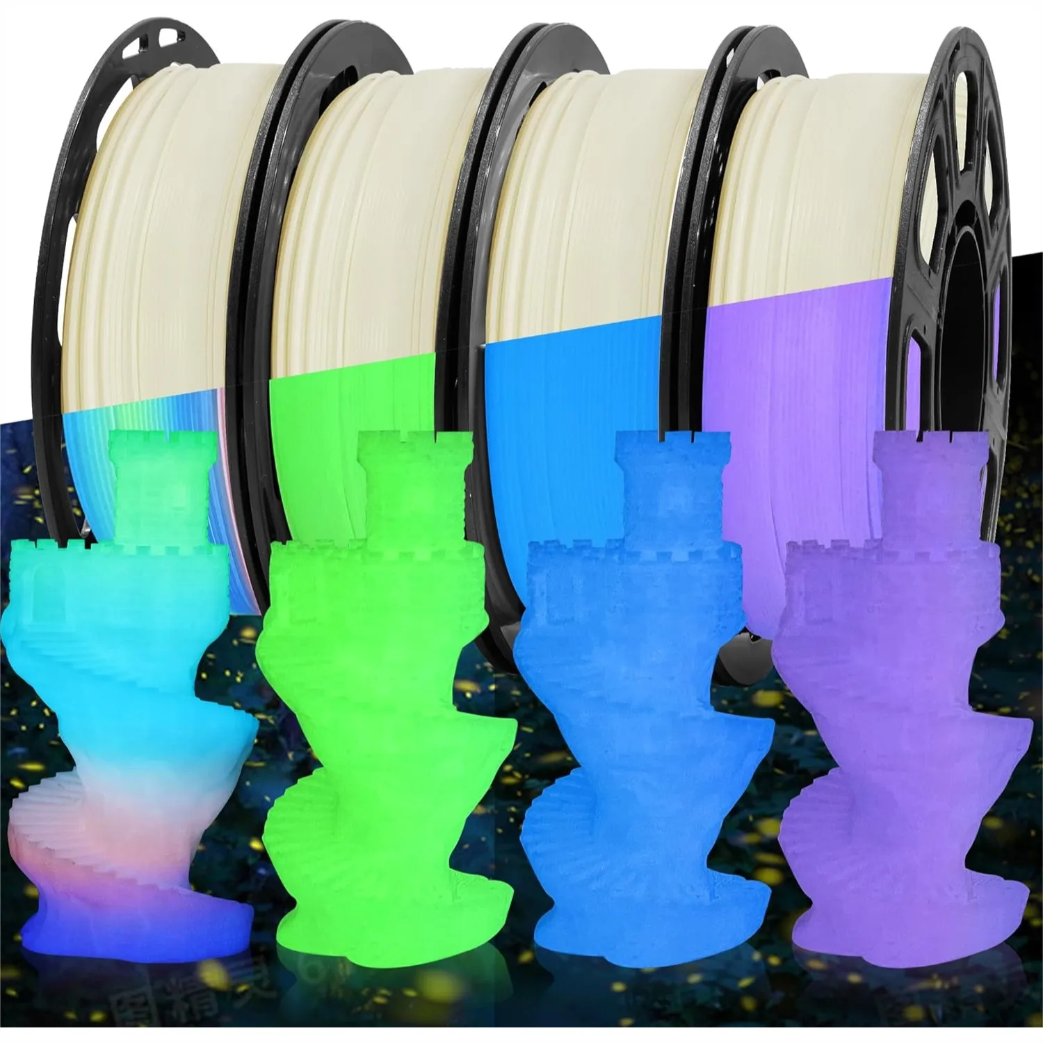 

Glow in Dark PLA Filament Bundle, 4 Colors Fluorescent Green Blue Purple Rainbow, 250g Each Spool, Total 1kg, for 3D Printer