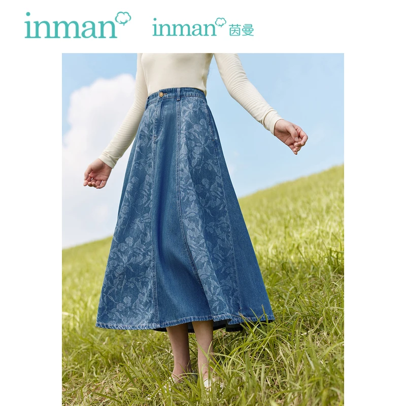 

INMAN Women Denim Skirt 2023 Autumn Elastic Waist A-shaped Loose Vintage Floral Printed Fashion Elegant Versatile Long Skirt