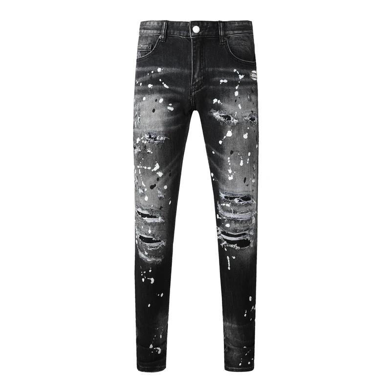 

Модные новые мужские джинсы с перфорированными вставками, окрашенные и выстиранные, в стиле ретро, эластичные, облегающего кроя, черно-серые, в стиле хип-хоп.