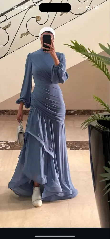 

OLOEY Modest Dusty Blue Mermaid Evening Dresses Dubai Arabic Women High Neck Long Sleeves Prom Gowns Formal Party Occasion Dress