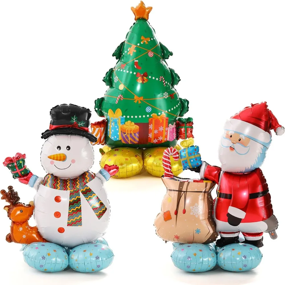 3 Pcs Christmas Balloon Giant, 4D Christmas Tree Santa Claus Snowman with Base Balloon for New Year Party Decorations Supplies