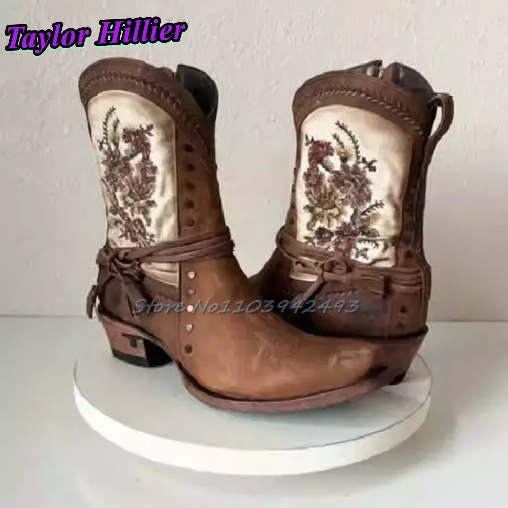 

Retro Ethnic Style Heels Embroidery Boots Knot Women Rivets New Thick Heel Round Toe Cowboy Side Zipper Slim Comfortable Shoes