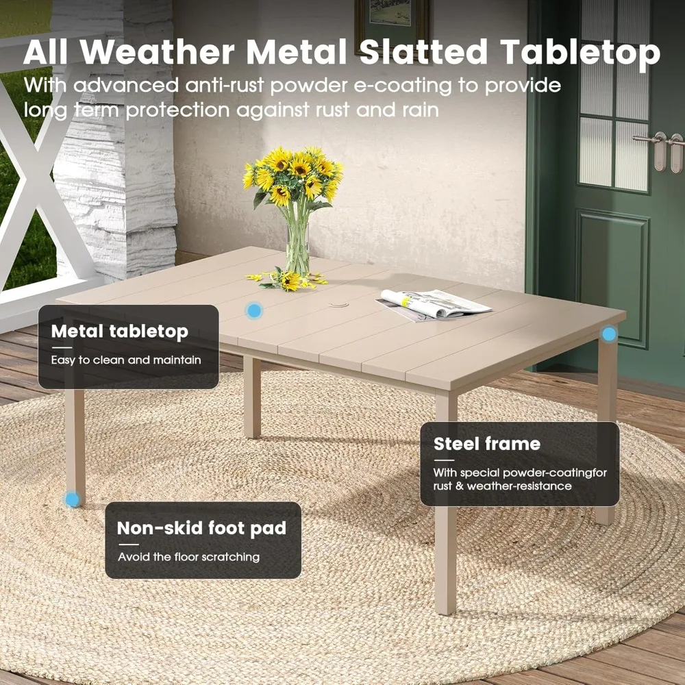 7-piece outdoor patio dining set, sand-shell rectangular metal dining table and 6 sand-shell stackable harness-top dining chairs