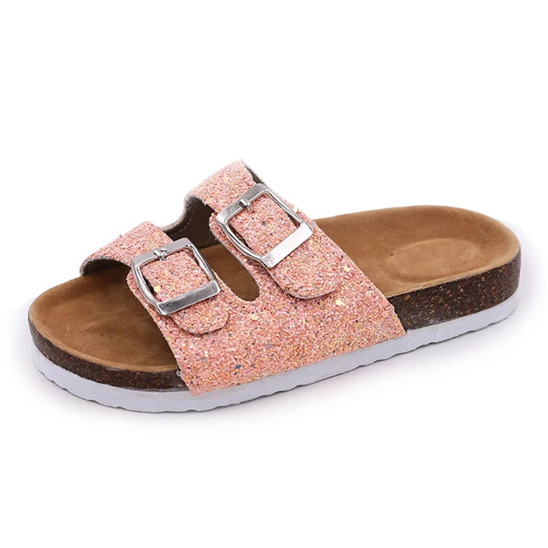 2019 New Kids Slippers Summer Beach Children Cork Sandals Bling Sequins For Family Shoes Leopard Barefoot Flats Girls Slipper