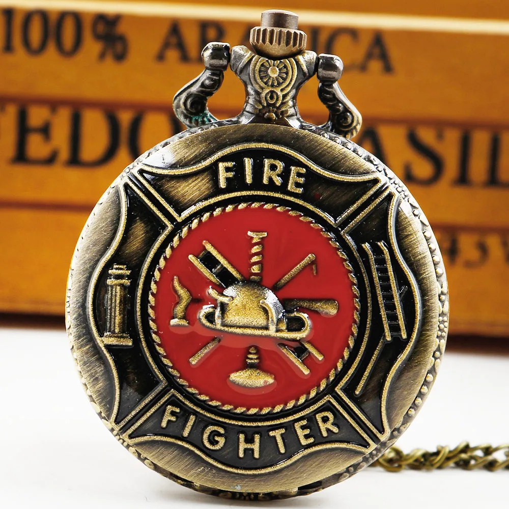 Vintage Exquisite Firemen ToolsCarved High Quality Quartz Pocket Watch Necklace Pendant Gifts For Women Or Man with Fob Chain