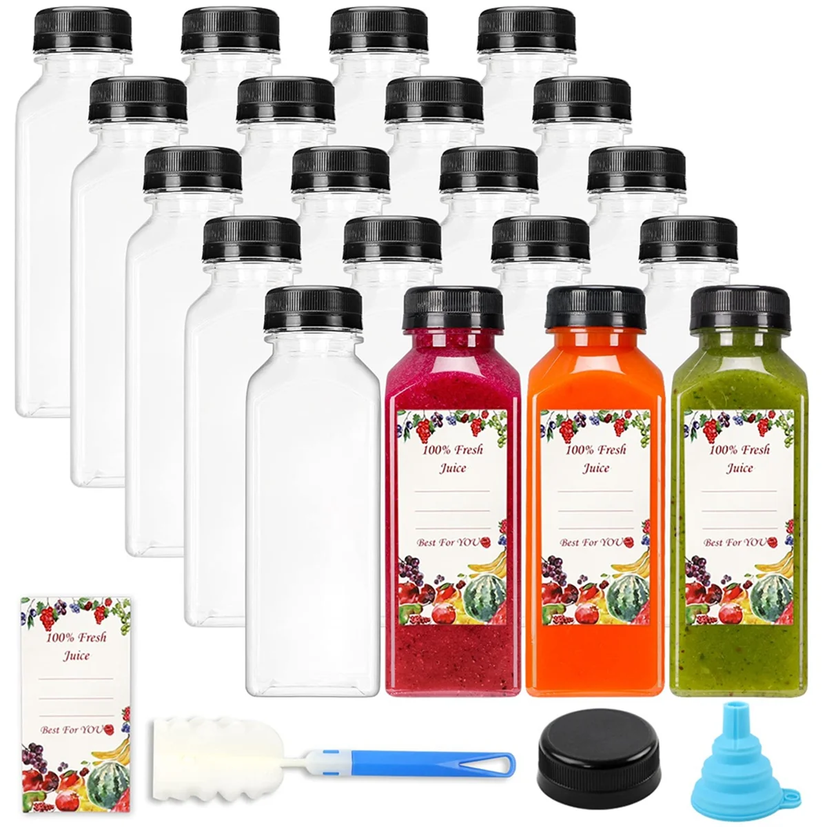 A23G 20Pcs 12oz Empty Plastic Juice Bottles with Caps,Reusable Water Bottles, Clear Containers with Black Tamper Evident Lids