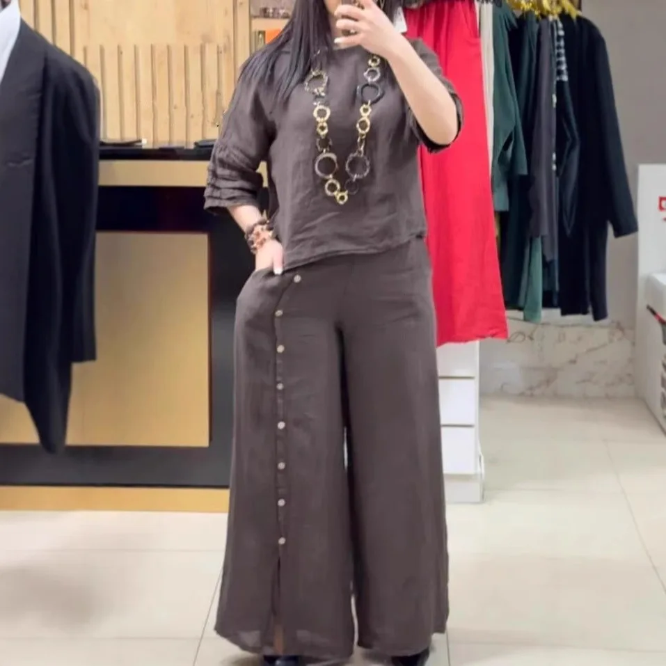

Women Fashion Loose Two-Piece Set 2025 Summer Casual Scattered Solid Color 3/4 Sleeve Shirt Buttons Slit Wide Legs Trousers Set